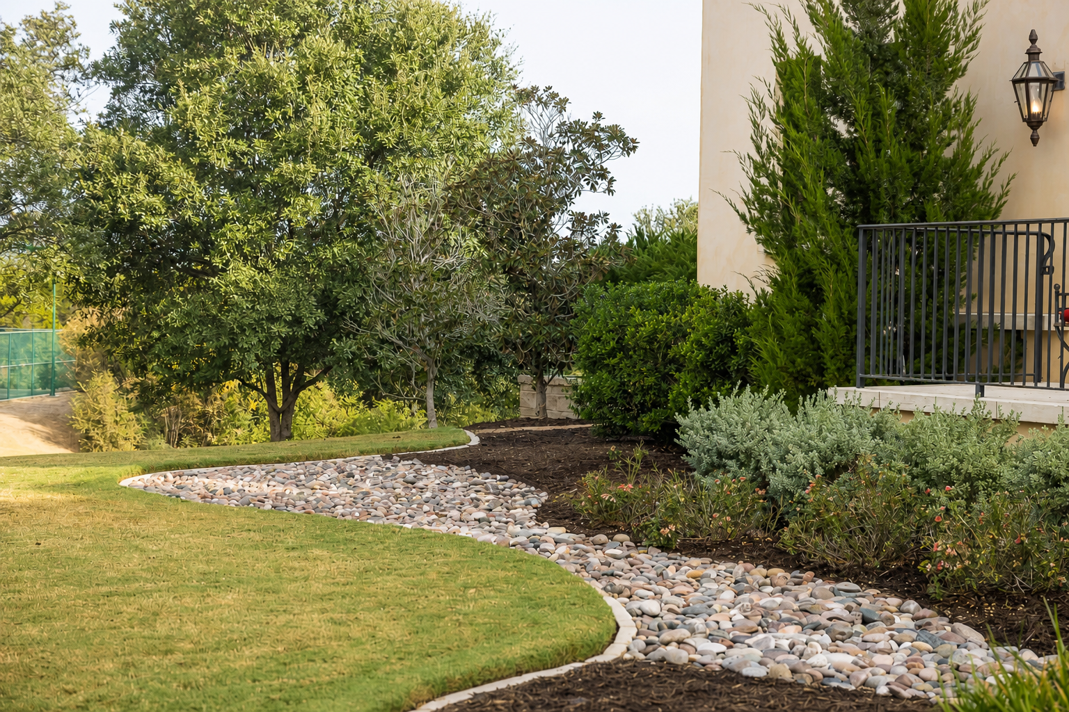 Residential landscaping with a curved stone-lined garden bed